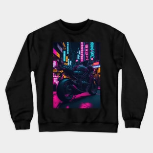 Neon Speedster: Motorcycle Majesty in a Japanese Metropolis Crewneck Sweatshirt